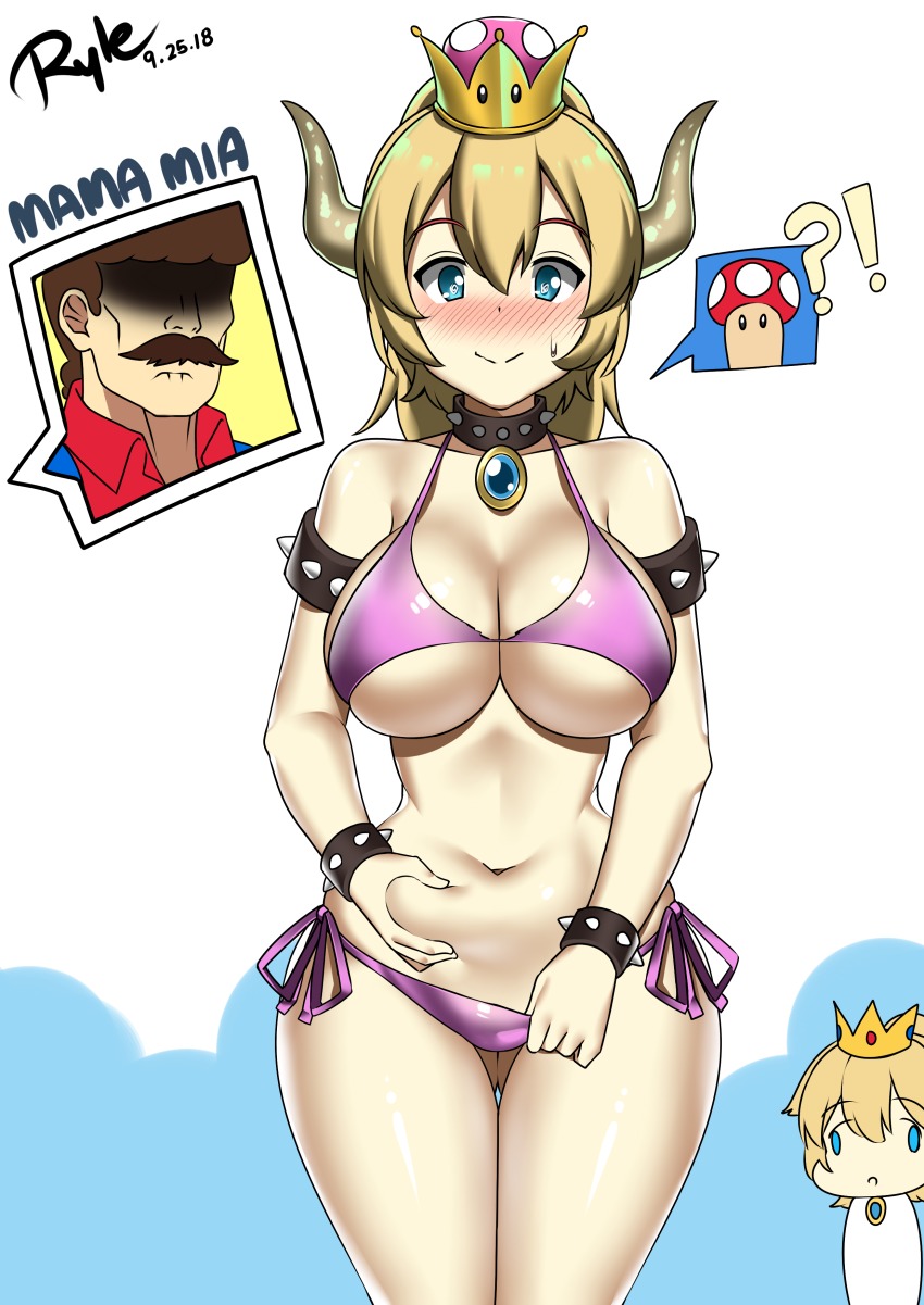 1girl absurdres bare_shoulders bikini blonde_hair blue_eyes blush bowsette bracelet breasts cleavage collar crown dress earrings face_of_the_people_who_sank_all_their_money_into_the_fx_(meme) highres horns jewelry large_breasts looking_at_viewer mario mario_(series) meme navel nintendo ponytail princess_peach ryle smile spiked_bracelet spiked_collar spikes super_crown swimsuit