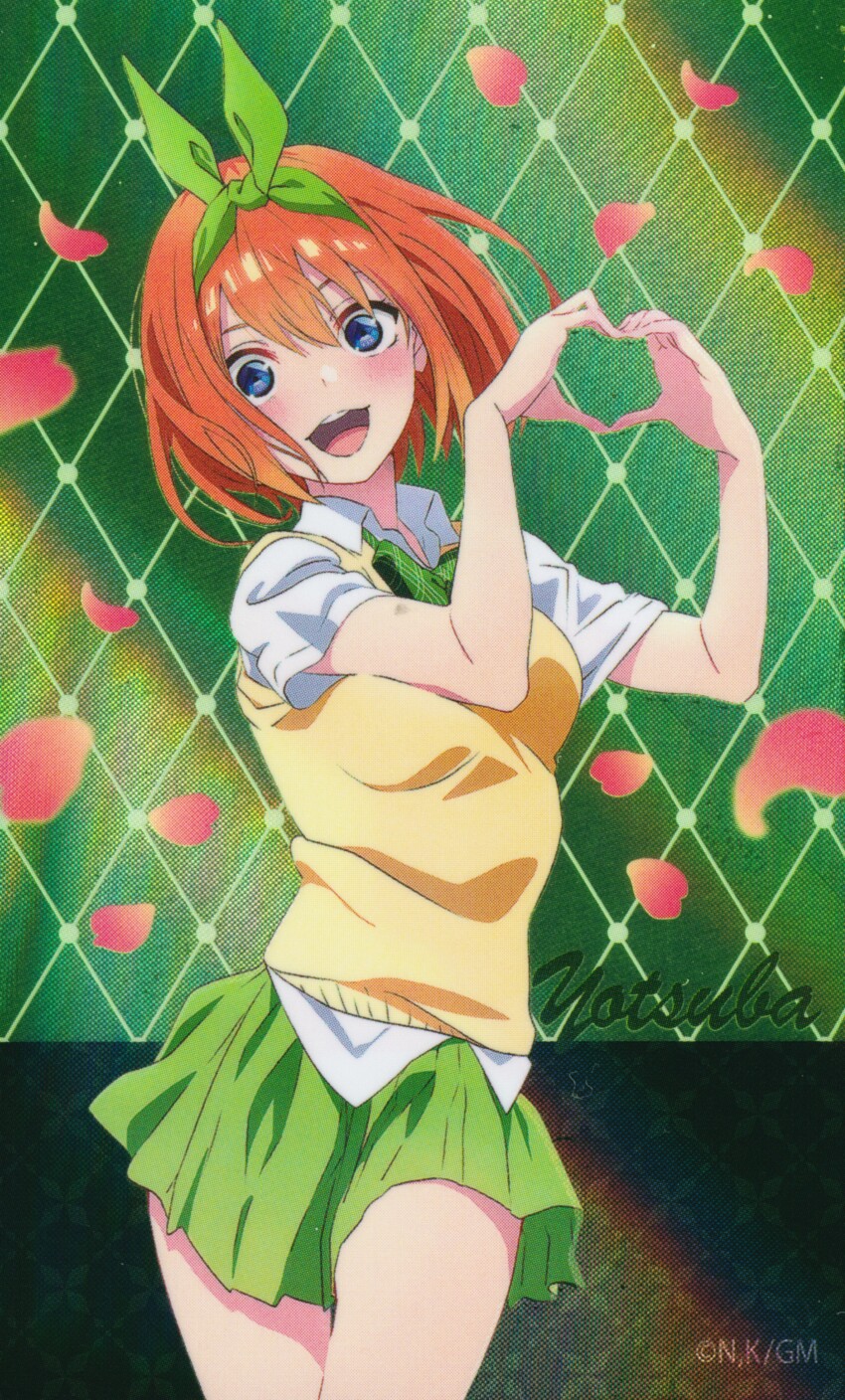 1girl absurdres blue_eyes blush bow bowtie breasts collared_shirt dot_nose falling_petals female_focus go-toubun_no_hanayome green_background green_bow green_bowtie green_ribbon green_skirt hair_bow hair_ribbon heart heart_hands highres legs looking_at_viewer medium_breasts miniskirt nakano_yotsuba official_art open_mouth orange_hair petals pink_petals pleated_skirt ribbon school_uniform shirt short_hair short_sleeves skirt smile solo solo_focus sweater_vest teeth thighs upper_teeth_only vest white_shirt yellow_vest