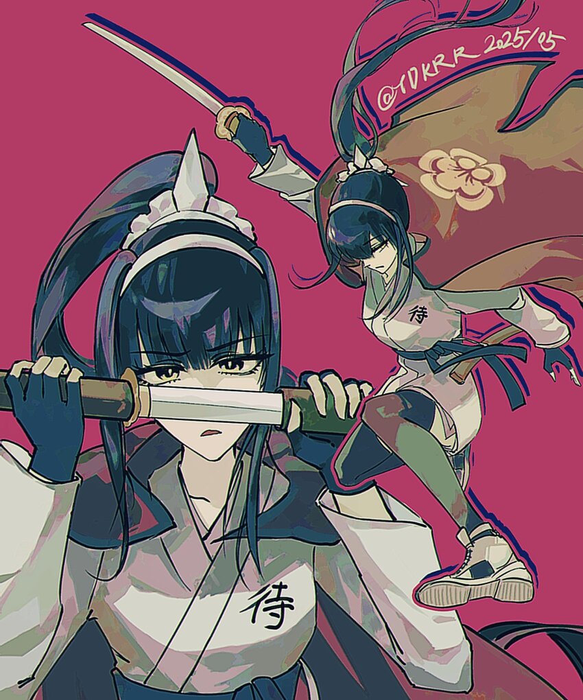 1girl black_hair collarbone female_focus fingerless_gloves gloves grey_eyes highres holding holding_sword holding_weapon holy_jumonji_sword japanese_clothes long_hair looking_at_viewer magadori_kyoshika multiple_views open_mouth pink_background solo solo_focus sword tadokorori_(tdkrr) the_hundred_line_-last_defense_academy- weapon