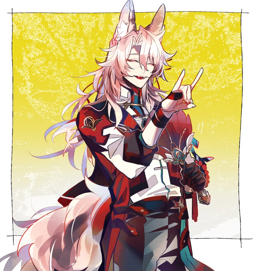 1boy absurdres animal_ears closed_eyes coat commentary_request cowboy_shot fangs fox_boy fox_ears fox_shadow_puppet fox_tail hand_fan highres holding holding_fan honkai:_star_rail honkai_(series) jiaoqiu_(honkai:_star_rail) long_hair male_focus pink_hair red_coat solo tail u_5ham0 yellow_background