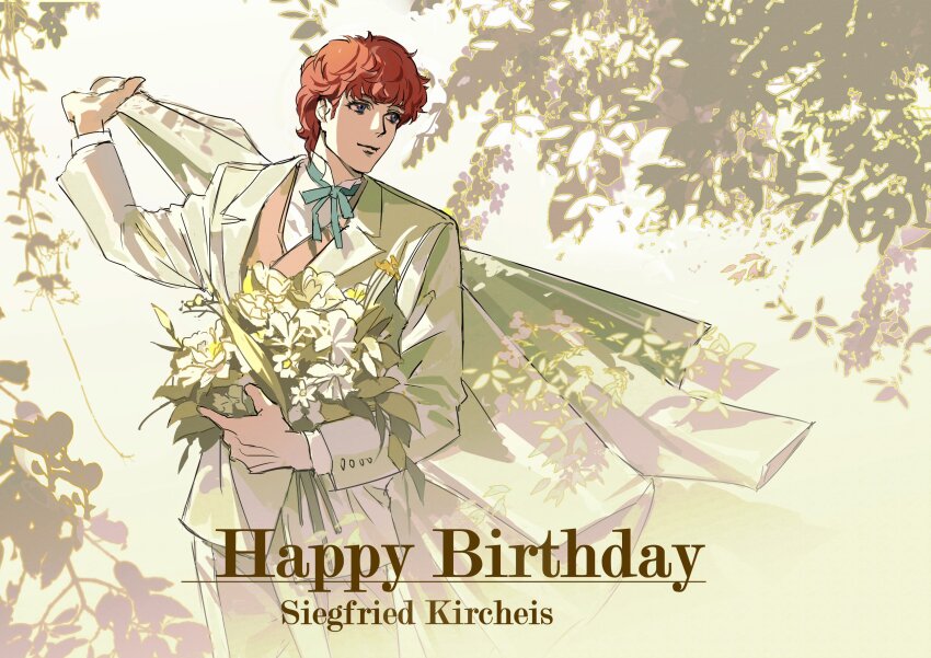 1boy absurdres arm_up bed_sheet blue_eyes blue_ribbon bouquet brown_vest character_name chinese_commentary closed_mouth collared_shirt commentary_request cowboy_shot curly_hair dress_pants erhuazi917 flower formal_clothes ginga_eiyuu_densetsu happy_birthday highres holding holding_bouquet holding_sheet jacket lapels layered_sleeves leaf leaf_background light_smile long_sleeves looking_to_the_side male_focus neck_ribbon notched_lapels pants red_hair ribbon shirt short_hair siegfried_kircheis solo standing suit suit_jacket vest white_flower white_jacket white_pants white_shirt white_suit wingtip_collar