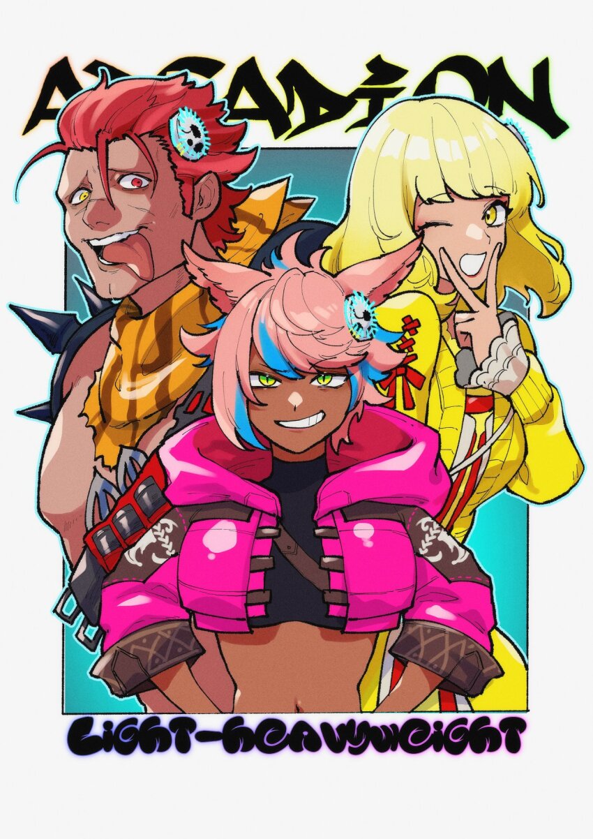 1boy 2girls animal_ears blonde_hair brute_bomber cat_ears cropped_jacket dark-skinned_female dark_skin final_fantasy final_fantasy_xiv fosaster_fenrir heterochromia highres honey_b._lovely hyur miqo&#039;te multicolored_hair multiple_girls pink_hair red_hair scar scar_on_face scarf streaked_hair tongue tongue_out upper_body v v_over_mouth yaana_(ff14)