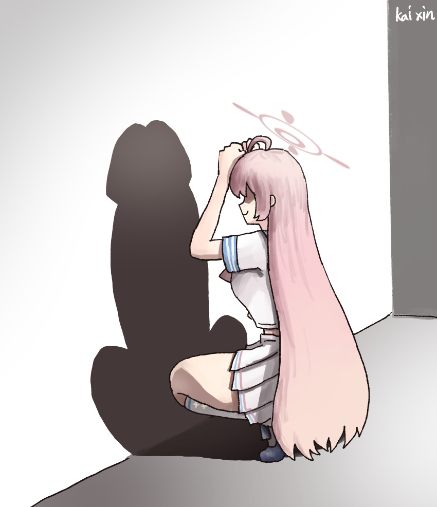 1girl absurdres ahoge artist_name blue_archive cat_shadow_puppet_(meme) halo hanako_(blue_archive) highres kai_xin kneehighs long_hair meme pink_hair pink_halo pleated_skirt school_uniform serafuku shirt short_sleeves skirt smile socks solo squatting white_serafuku white_shirt white_skirt white_socks