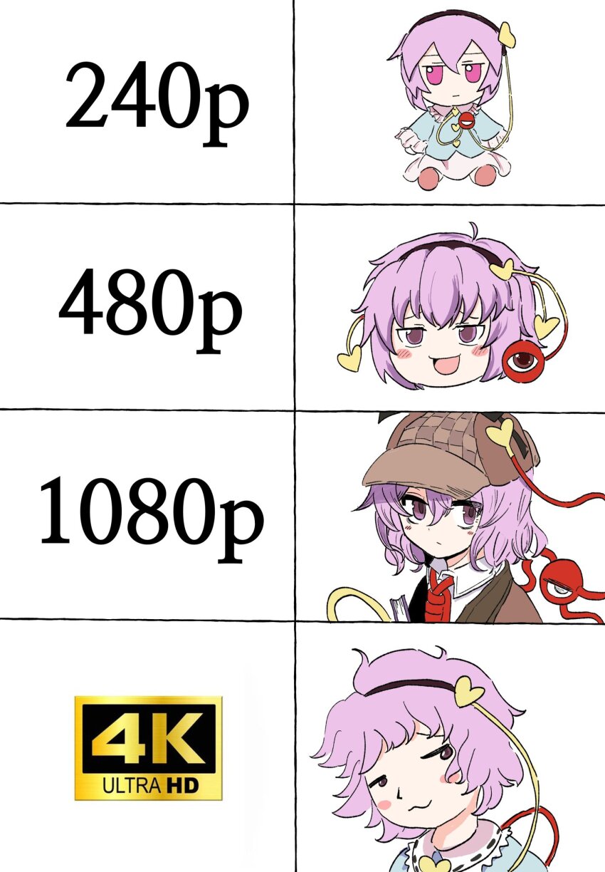 1girl akimaki_yuu_(style) black_headband blue_shirt blush blush_stickers book brown_capelet brown_eyes brown_hat capelet closed_mouth collared_shirt commentary deerstalker expressionless foul_detective_satori frilled_sleeves frills fumo_(doll) hair_ornament hat headband heart heart_hair_ornament highres holding holding_book komeiji_satori long_sleeves looking_at_viewer looking_to_the_side medium_hair meme official_alternate_costume open_mouth pink_eyes resolution_comparison_(meme) shirt sitting smile smug subterranean_animism third_eye touhou tsukira_kira yukkuri_shiteitte_ne zun_(style) zun_pose