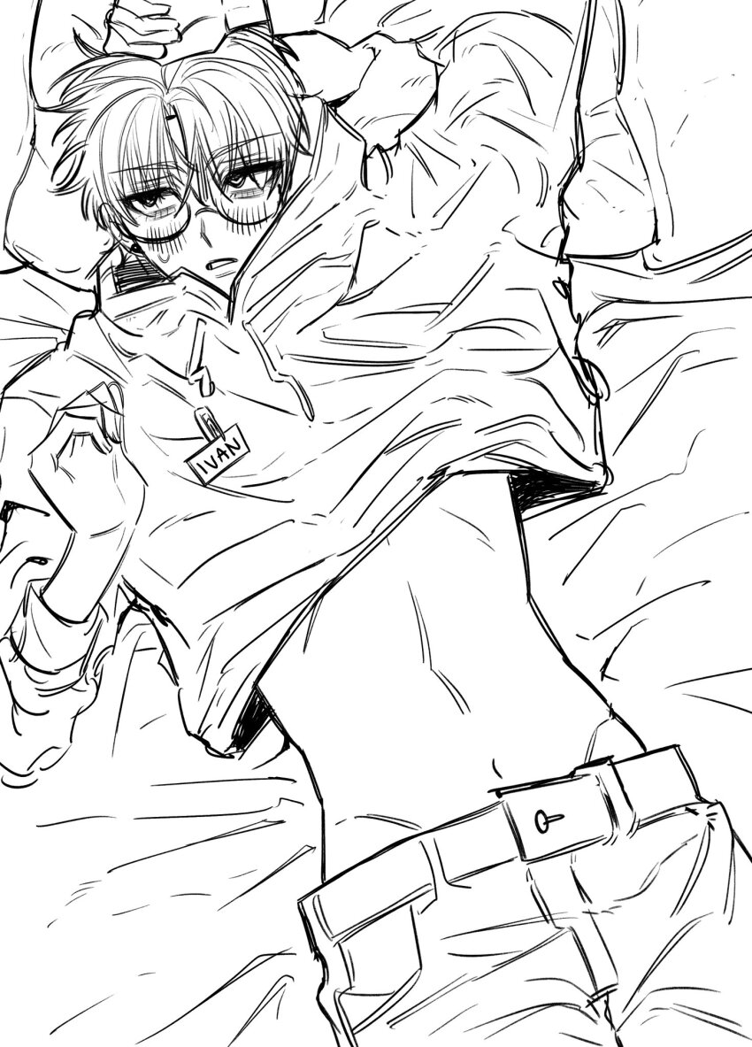 1boy alien_stage arm_up bigclaymoreuser blush commentary english_commentary glasses greyscale highres hood hoodie long_sleeves lying male_focus monochrome name_tag navel on_back pants paperclip parted_lips pillow short_hair sketch stomach till_(alien_stage) very_short_hair