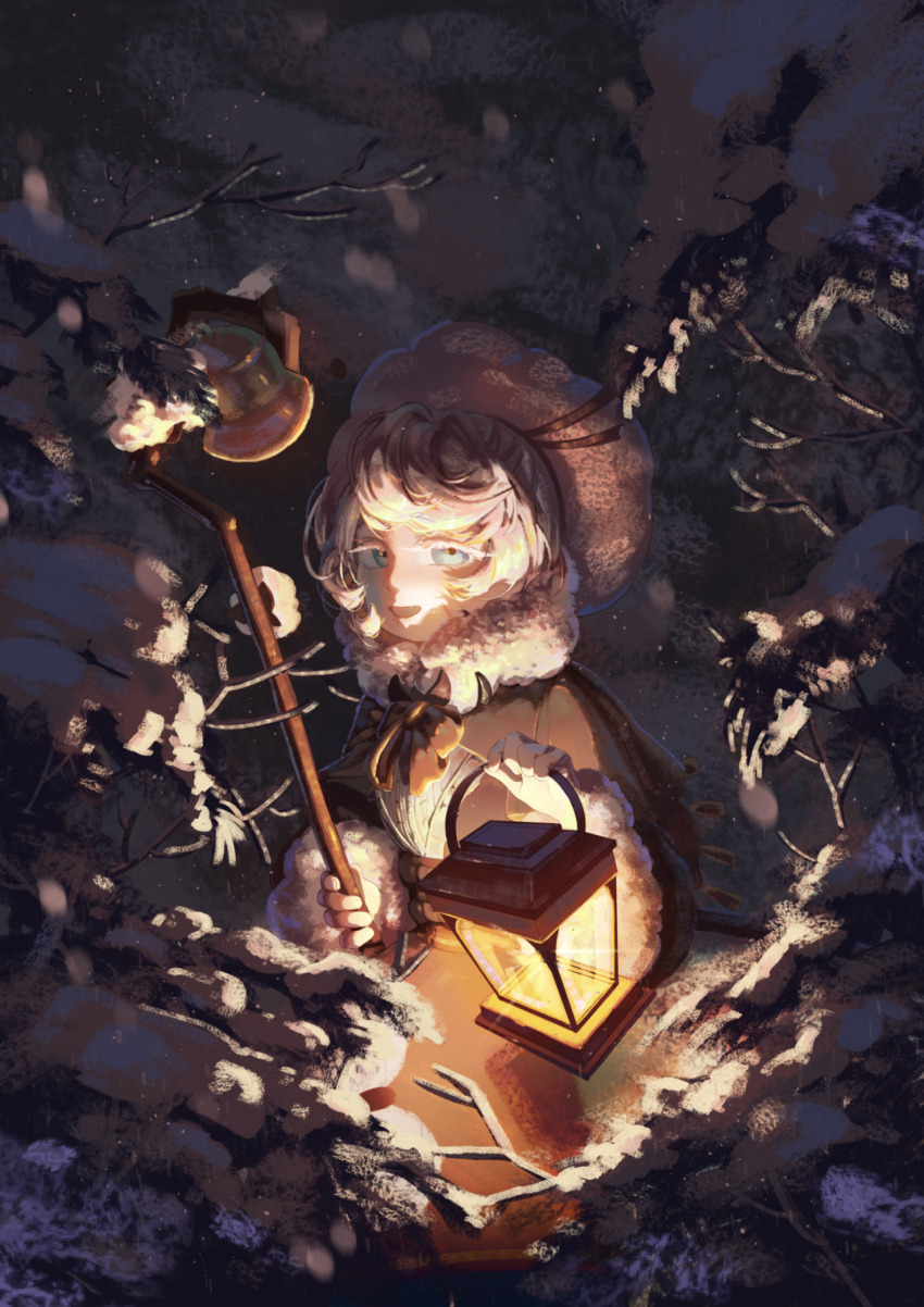 1girl bell blue_eyes bow brown_bow cookie_run cookie_run:_kingdom cotton_cookie dress fir_tree fur-trimmed_dress fur_trim highres holding holding_lantern holding_staff lantern open_mouth shepherd&#039;s_crook smile snow solo staff tina616161 tree white_hair