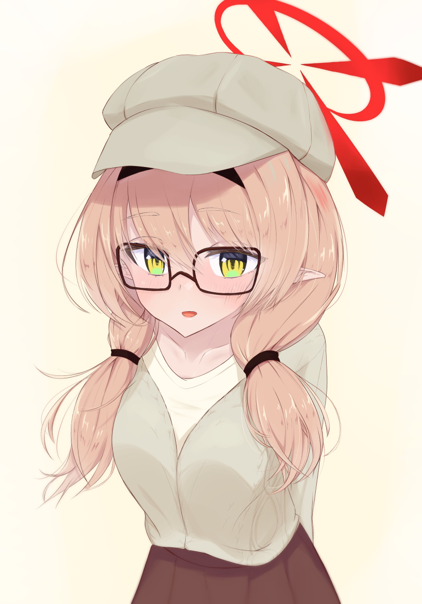 1girl :d absurdres alternate_costume arms_behind_back black-framed_eyewear black_hairband blue_archive blush brown_hair brown_skirt casual chinatsu_(blue_archive) collarbone commentary_request eyes_visible_through_hair glasses grey_hat hair_between_eyes hairband halo hat highres kimagurain long_hair long_sleeves looking_at_viewer low_twintails open_mouth peaked_cap pointy_ears rectangular_eyewear red_halo shirt skirt smile solo tsurime twintails upper_body white_shirt yellow_eyes