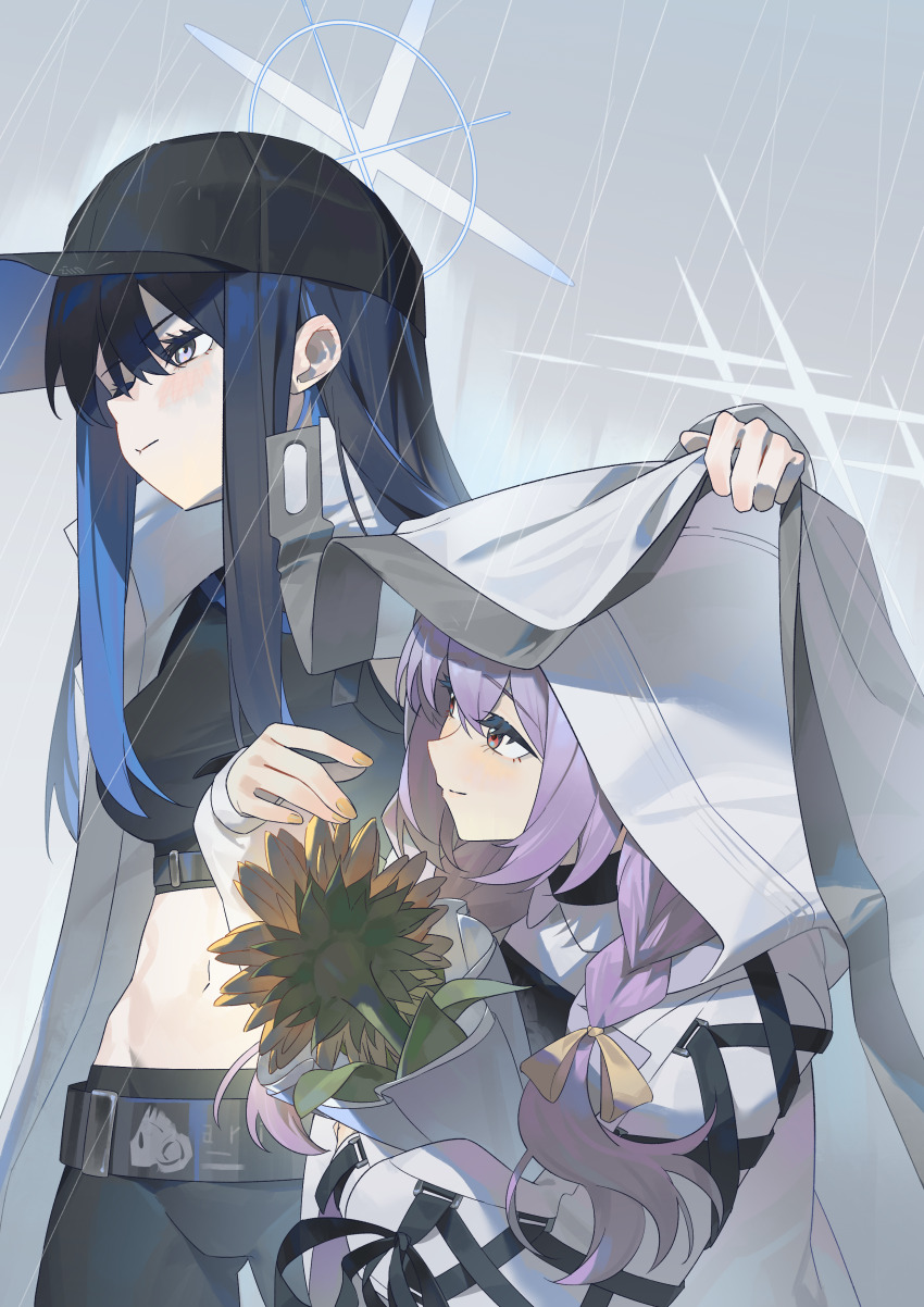 2girls absurdres atsuko_(blue_archive) baseball_cap belt black_belt black_hair black_hat black_pants black_shirt blue_archive blue_hair blue_halo blush braid breasts closed_mouth coat colored_inner_hair commentary_request cowboy_shot crop_top cross-laced_clothes cross-laced_sleeves ear_blush fingernails flower grey_eyes grey_halo hair_between_eyes hair_ribbon halo hat highres hood hood_up hooded_jacket improvised_umbrella jacket large_breasts long_fingernails long_hair long_sleeves multicolored_hair multiple_girls nail_polish pants puffy_long_sleeves puffy_sleeves purple_hair rain red_eyes ribbon saori_(blue_archive) shirt smile standing sunflower two-tone_hair white_coat white_hood white_jacket yellow_nails yellow_ribbon zidu_(9478296)