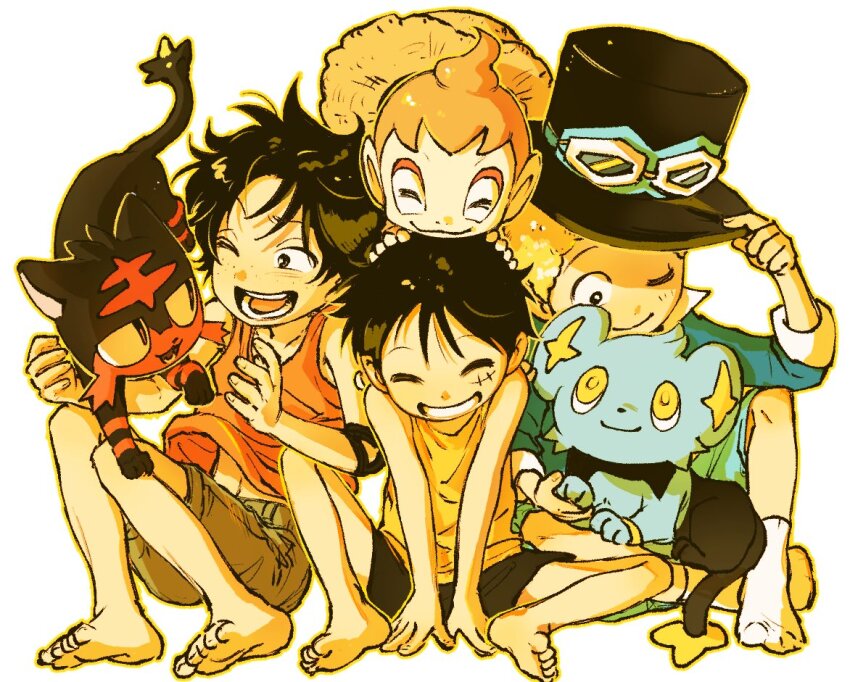 3boys ^_^ aged_down b_kungya barefoot black_eyes black_hair black_headwear black_shorts blonde_hair blue_shirt brown_shorts chimchar closed_eyes closed_mouth commentary_request crossover facial_scar feet gen_4_pokemon gen_7_pokemon grin hand_up hat holding holding_unworn_clothes holding_unworn_hat korean_commentary litten long_sleeves looking_at_another male_focus monkey_d._luffy multiple_boys nintendo on_head one_eye_closed one_piece open_mouth orange_shirt parted_bangs pokemon pokemon_(creature) pokemon_on_head portgas_d._ace sabo_(one_piece) scar scar_on_cheek scar_on_face shinx shirt short_hair shorts simple_background sitting sleeveless sleeveless_shirt smile socks straw_hat tank_top teeth toes tongue top_hat unworn_hat unworn_headwear white_background white_socks yellow_shirt