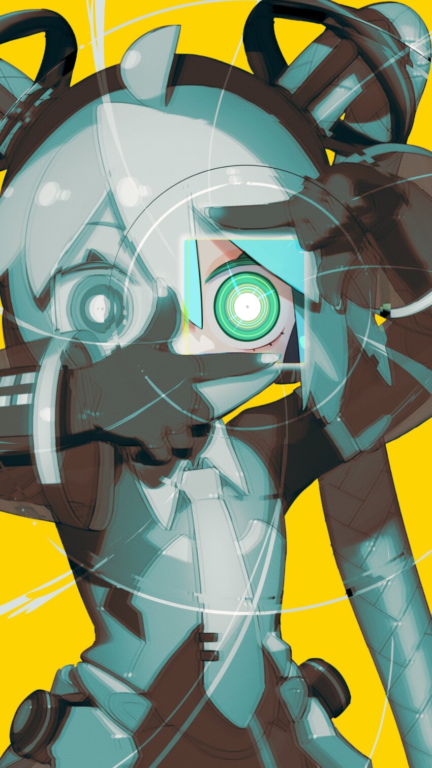 1girl absurdres ahoge android aqua_eyes aqua_hair aqua_nails aqua_necktie blue_hair burenai_ai_de_(vocaloid) cable cable_hair cheri_zao chromatic_aberration commentary covering_own_mouth cyber_fashion detached_sleeves finger_frame finger_frame_over_eye glowing glowing_eye green_eyes hatsune_miku headgear headphones heterochromia highres joints long_hair looking_at_viewer looking_through_fingers mechabare mechanization necktie proto_miku_(cheri_zao) ringed_eyes robot robot_girl robot_joints science_fiction see-through_clothes see-through_sleeves simple_background solo twintails upper_body very_long_hair vocaloid yellow_background