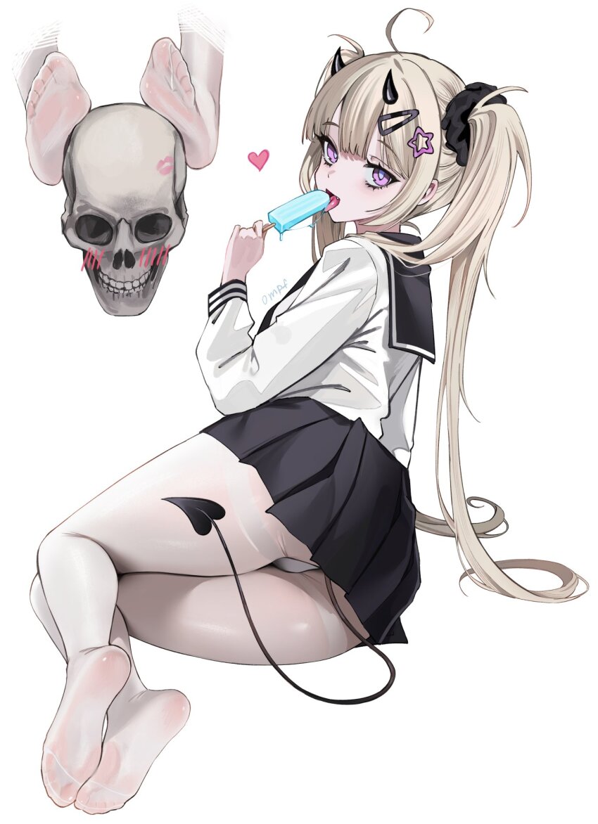 1girl ahoge artist_name black_sailor_collar black_scrunchie black_skirt blonde_hair blush commentary demon_girl demon_horns demon_tail eating english_commentary fang feet food foot_focus hair_ornament hair_scrunchie hairclip heart highres holding holding_food holding_popsicle horns lipstick_mark long_hair long_sleeves looking_at_viewer melting_popsicle miniskirt no_shoes ompf open_mouth original panties pantyhose pantyshot pink_eyes pleated_skirt popsicle sailor_collar school_uniform scrunchie shirt sitting skirt skull soles star_(symbol) star_hair_ornament tail thighband_pantyhose toes tongue tongue_out twintails underwear very_long_hair white_background white_pantyhose white_shirt yokozuwari