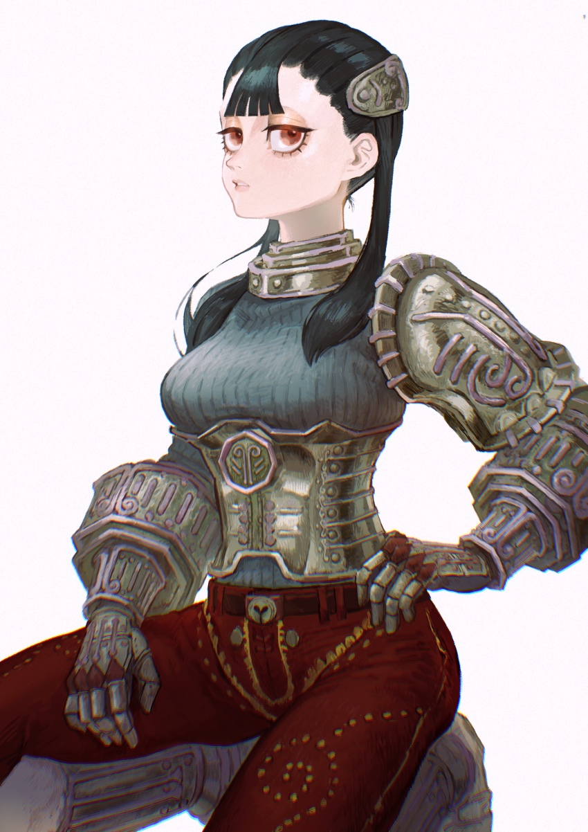 1girl absurdres armor ashei belt black_hair breasts gauntlets gloves hair_ornament highres long_hair looking_at_viewer mossan351 nintendo pauldrons pink_background pointy_ears red_eyes shoulder_armor simple_background single_pauldron solo the_legend_of_zelda the_legend_of_zelda:_twilight_princess twintails white_background