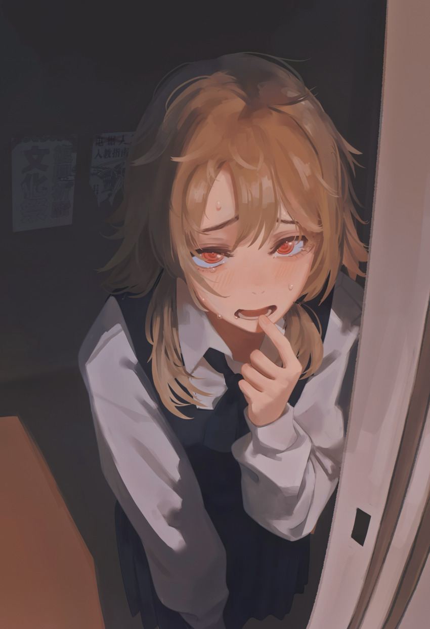 1girl absurdres blush brown_hair chainsaw_man chinese_commentary commentary_request death_devil_(chainsaw_man) finger_to_mouth highres indoors long_sleeves medium_hair nervous_sweating open_mouth red_eyes ringed_eyes school_uniform shirt solo sweat white_shirt yao_liao_wang