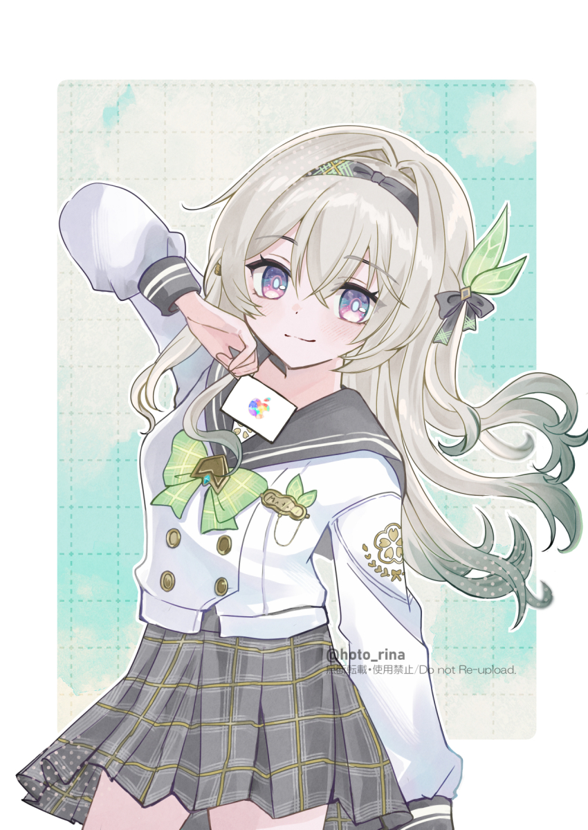black_hairband bow bowtie card colored_skin commentary cowboy_shot firefly_(honkai:_star_rail) firefly_(spring_missive)_(honkai:_star_rail) floating_hair gift_card gradient_hair green_bow green_bowtie green_hair grey_hair grey_sailor_collar grey_skin hair_intakes hairband hashtag-only_commentary highres holding holding_card honkai:_star_rail honkai_(series) hoto_rina long_hair long_sleeves multicolored_hair official_alternate_costume plaid_bow plaid_bowtie plaid_clothes plaid_skirt pleated_skirt purple_eyes sailor_collar shirt skirt smile twitter_username two-tone_hair white_shirt