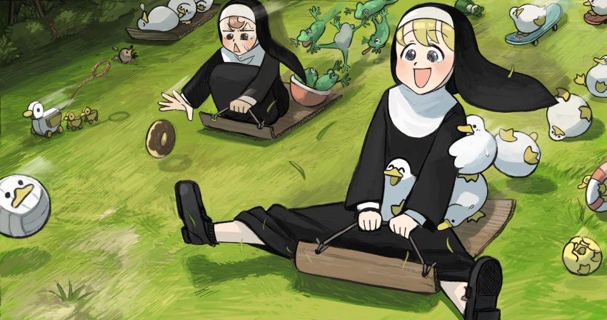 2girls :d @_@ ^_^ animal animal_on_arm animal_on_lap ball basin bird bird_on_arm bird_on_lap black_footwear blonde_hair blue_eyes brown_eyes brown_hair bush chicken clinging closed_eyes clumsy_nun_(diva) commentary cowering diva_(hyxpk) doll donut duck english_commentary food frog froggy_nun_(diva) grass habit highres lifebuoy little_nuns_(diva) loafers mole_(animal) motion_blur multiple_girls nose_bubble nun on_lap open_mouth outstretched_arm reaching rolling shoes skateboard sled sledding sleeping slice_of_life slope smile sweat swim_ring tongue tongue_out toy traditional_nun triangle_mouth volleyball volleyball_(object)