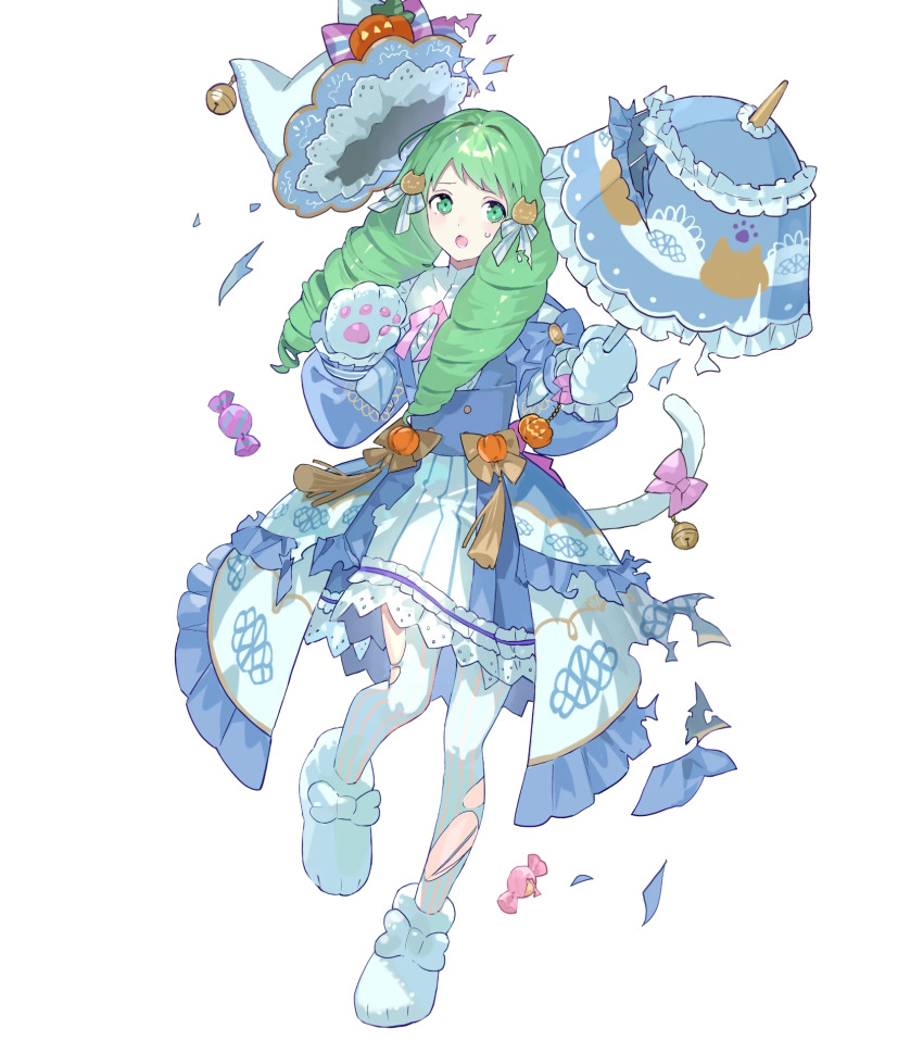 1girl alternate_costume animal_hands bell blush candy cat_tail costume detached_sleeves dress drill_hair fake_tail female_focus fire_emblem fire_emblem_heroes flayn_(fire_emblem) flayn_(halloween)_(fire_emblem) food frills full_body gloves green_eyes green_hair hair_ornament halloween halloween_costume hat highres holding holding_umbrella jack-o&#039;-lantern jingle_bell long_hair long_sleeves matching_hair/eyes nintendo non-web_source official_alternate_costume official_art open_mouth pantyhose paw_gloves paw_print paw_shoes pumpkin ribbon short_dress skirt striped sweat sweatdrop tail tobi_(kotetsu) torn_clothes torn_pantyhose torn_skirt transparent_background umbrella vertical_stripes