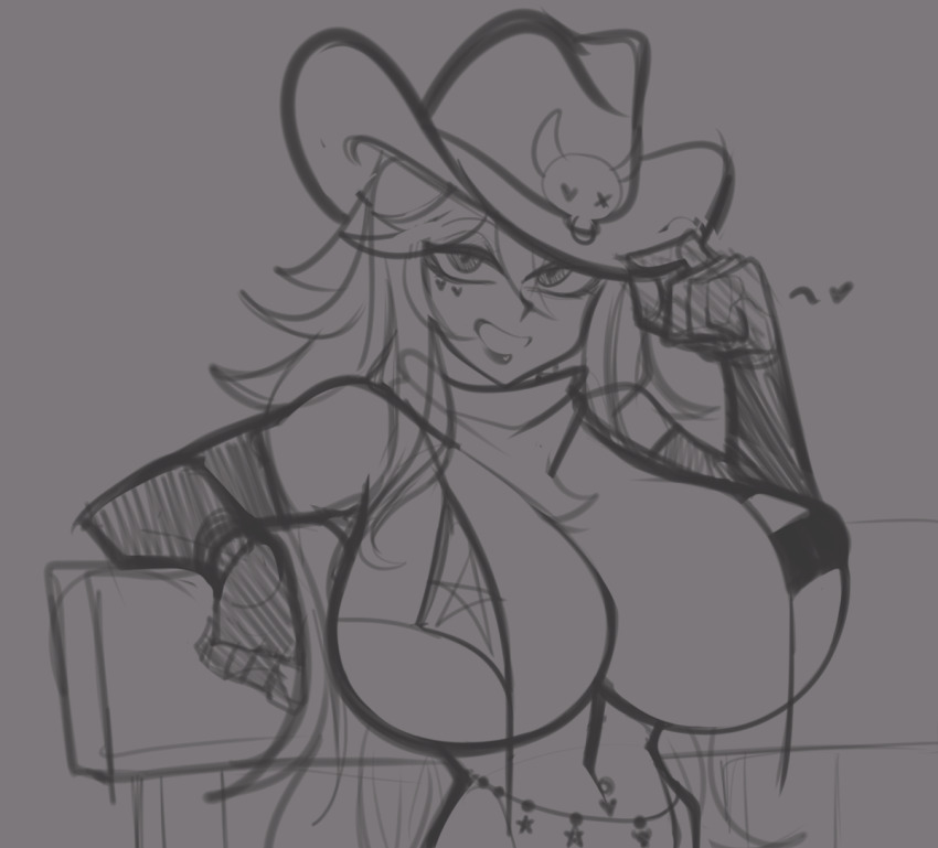 1girl bandana belly_chain bra breasts commentary cowboy_hat cowgirl_(western) elbow_gloves english_commentary facial_mark gloves grin hat hat_tip heart heart_facial_mark huge_breasts jewelry joeydrawss lips long_hair looking_at_viewer lulu_lasso monochrome navel navel_piercing nexas_(vtuber) piercing sketch smile solo underwear virtual_youtuber