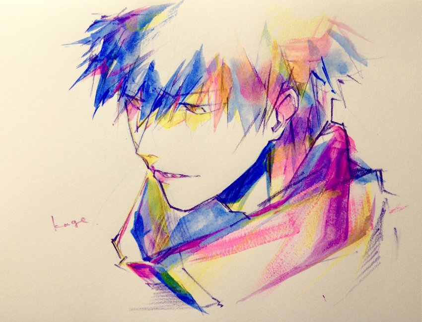 1boy character_name chikuwa_(dr0603) hair_between_eyes highres kageura_masato limited_palette looking_away looking_down male_focus parted_lips photo_(medium) portrait sharp_teeth short_hair simple_background solo teeth traditional_media turtleneck world_trigger
