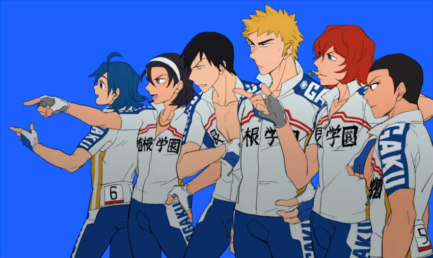 6+boys arakita_yasutomo azkn bike_jersey bike_shorts black_hair blonde_hair blue_background blue_bike_shorts blue_eyes blue_hair blue_shorts closed_mouth clothes_writing collarbone cycling_uniform fingerless_gloves fukutomi_juichi gloves grey_eyes grey_gloves izumida_touichirou jacket jewelry male_focus manami_sangaku multiple_boys necklace open_mouth red_hair shaved_head shinkai_hayato short_hair shorts simple_background toned toned_male toudou_jinpachi upper_body white_jacket yowamushi_pedal zipper zipper_pull_tab
