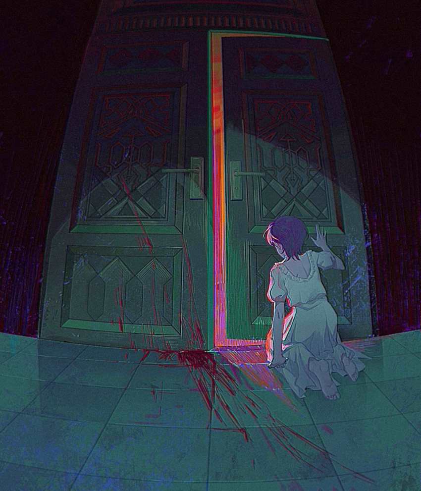 1girl blood blood_on_ground commentary dress feet from_behind highres jojo_no_kimyou_na_bouken pink_hair sang_(3soun) short_hair solo toes trish_una vento_aureo white_dress