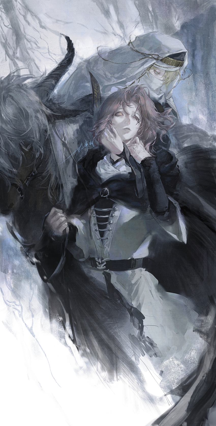 1girl absurdres arm_around_neck black_cloak blonde_hair blue_eyes brown_cloak brown_hair character_request cloak commentary_request elden_ring facial_tattoo highres hood hood_up hooded_cloak horns horse horseback_riding jiao_chang mask medium_hair melina_(elden_ring) one-eyed reins riding saddle scar scar_on_hand tattoo torrent_(elden_ring) wide_sleeves yellow_eyes
