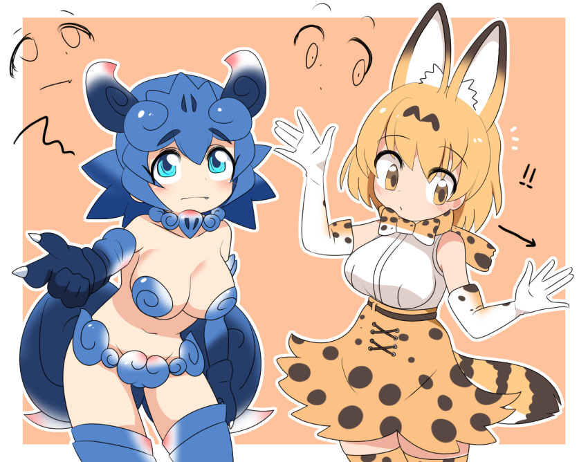 ! !! 2girls animal_ear_fluff animal_ears animal_print arrow_(symbol) bikini blonde_hair blue_bikini blue_eyes blue_gloves blue_hair blue_thighhighs blush bow bowtie breasts cat_ears cat_girl cat_tail cleavage closed_mouth commentary_request cowboy_shot elbow_gloves fang fang_out gloves hair_between_eyes kemono_friends large_breasts lets0020 multiple_girls orange_background orange_bow orange_bowtie orange_skirt orange_thighhighs print_bow print_bowtie print_skirt serval_(kemono_friends) shiisaa_right short_hair skirt swimsuit tail thighhighs two-tone_background white_gloves