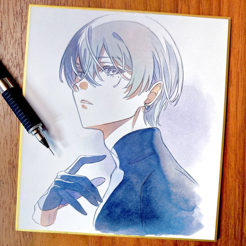 1boy adam&#039;s_apple aoyagi_touya black_gloves black_hair black_sweater close-up earrings expressionless gloves grey_eyes grey_hair hair_between_eyes half_gloves hand_up highres jewelry looking_at_viewer looking_to_the_side male_focus mechanical_pencil mole mole_under_eye multicolored_hair parted_bangs parted_lips pato_(ptro) pencil photo_(medium) project_sekai raised_eyebrow shikishi simple_background split-color_hair sweater traditional_media tsurime turtleneck turtleneck_sweater two-tone_hair upper_body white_background