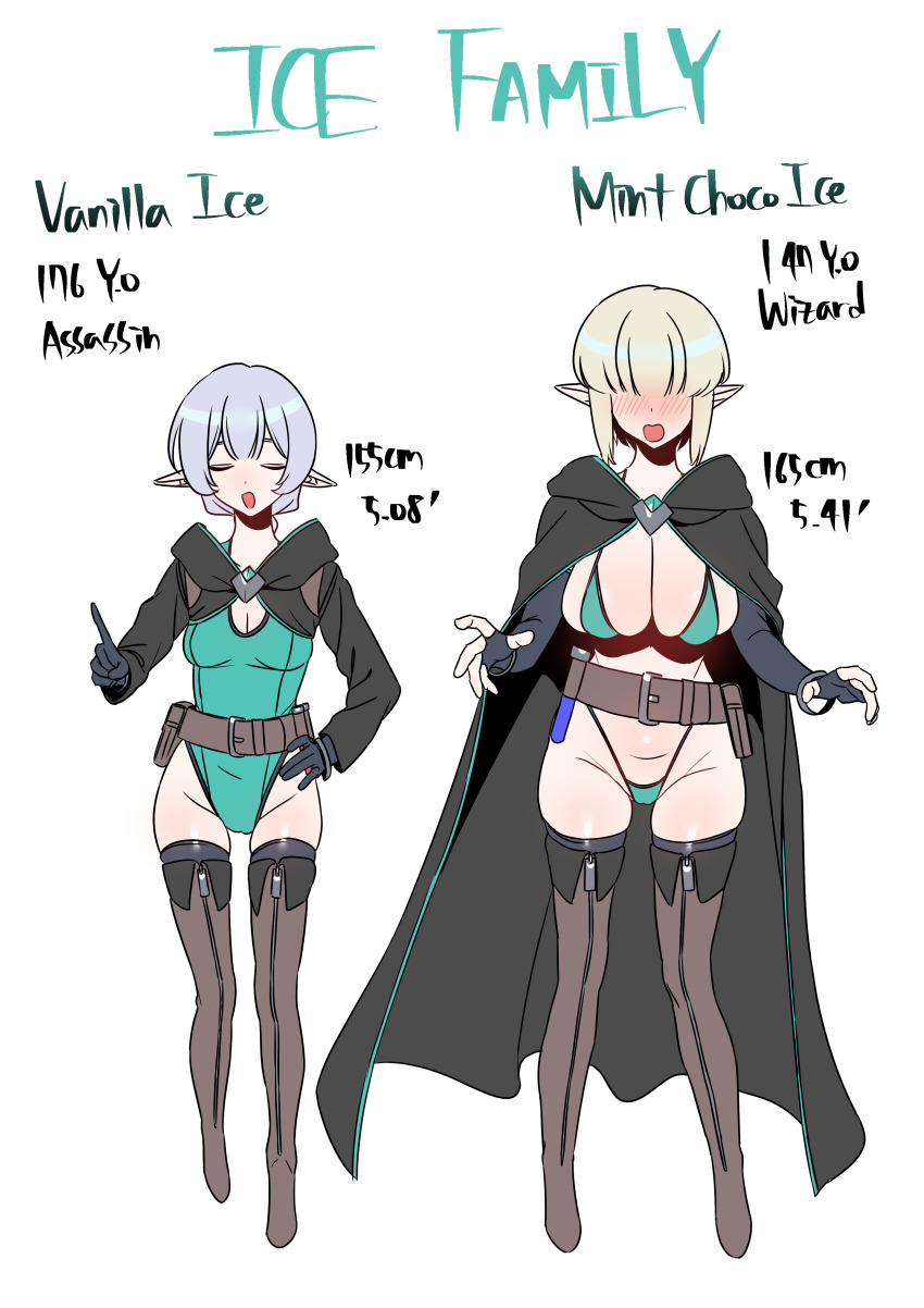 absurdres bikini elf embarrassed green_bikini heemin height_chart highres information_sheet mint_choco_ice_(no_man&#039;s_land) no_man&#039;s_land pointy_ears siblings sisters swimsuit vanilla_ice_(no_man&#039;s_land)