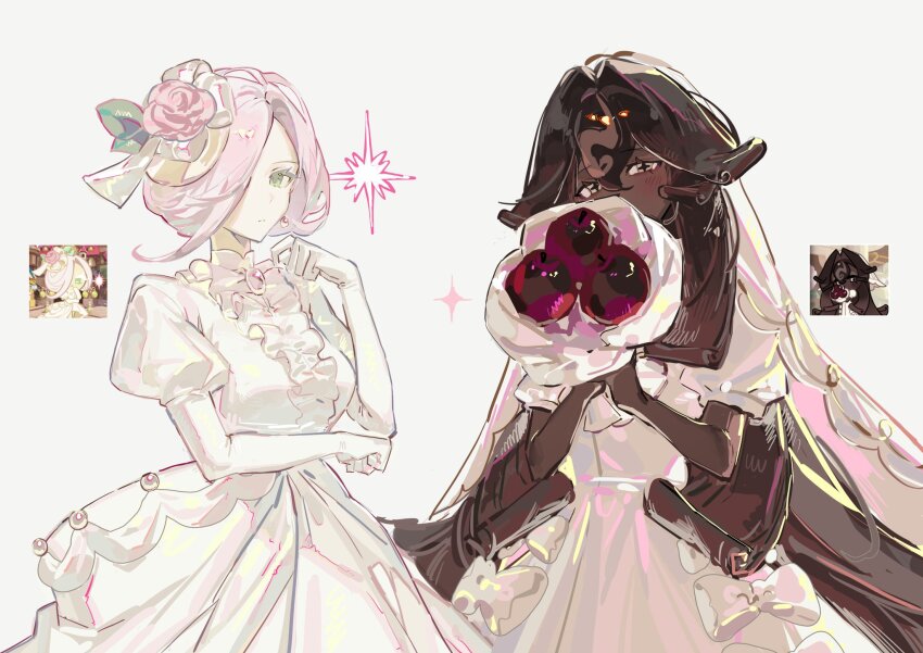 2girls black_forest_cookie blush bouquet bow bridal_veil brooch brown_hair cherry commentary cookie_run cookie_run:_kingdom cross-shaped_pupils dark-skinned_female dark_skin dress duplicate earrings f4d1a6 flower food frilled_dress frills fruit gloves green_eyes hair_between_eyes hair_intakes hair_ornament hair_over_one_eye hashtag-only_commentary highres holding holding_bouquet jewelry long_hair looking_at_viewer multiple_girls official_art_inset pink_flower pink_hair pink_rose pixel-perfect_duplicate puffy_short_sleeves puffy_sleeves reference_inset rose short_hair short_sleeves simple_background symbol-shaped_pupils veil wedding_cake_cookie wedding_dress white_background white_bow white_dress white_eyes white_gloves