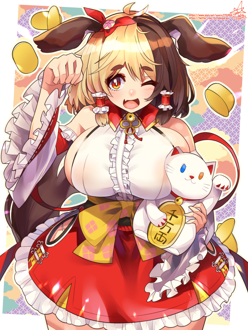 1girl ;d alternate_costume bell breasts center_frills coin dog_girl fang frilled_skirt frills hachiko_of_castling highres huge_breasts japanese_clothes last_origin looking_at_viewer maneki-neko miko neck_bell one_eye_closed open_mouth paw_pose red_eyes red_skirt ribbon-trimmed_sleeves ribbon_trim sideboob skin_fang skirt smile solo umigarasu_(kitsune1963)