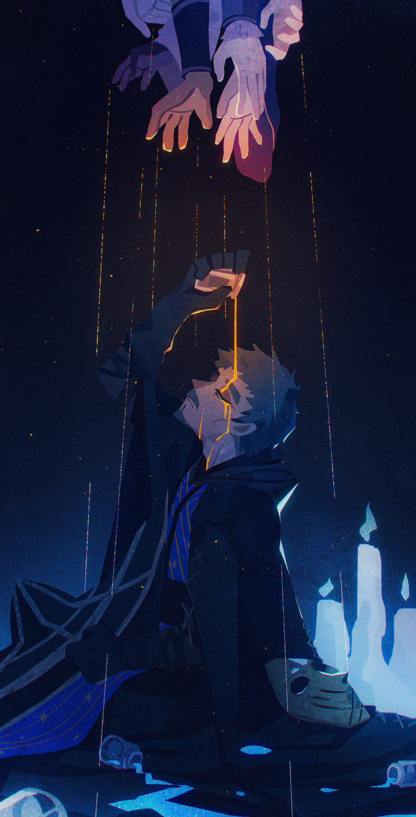 1boy 1girl 2022 absurdres blue_background closed_eyes closed_mouth elden_ring fromsoftware gloves grey_hair hat hetero highres liquid mask out_of_frame portrait preceptor_seluvis qur0704 sorceress_sellen