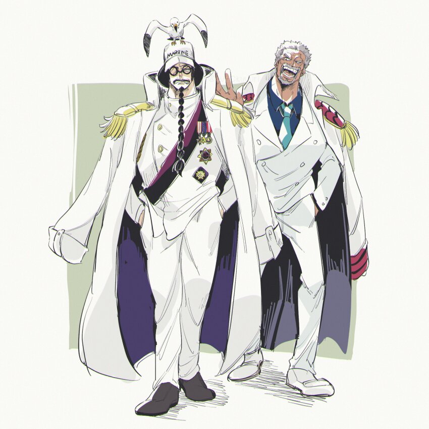 2boys annoyed baseball_cap beard black_hair closed_mouth coat coat_on_shoulders collared_coat collared_shirt facial_hair formal_clothes glasses grey_hair hand_in_pocket hand_up hands_in_pockets hat high_collar highres jacket long_sleeves looking_at_another looking_at_viewer male_focus monkey_d._garp multiple_boys necktie old old_man one_piece open_mouth ovasayuri pants pocket round_eyewear scar scar_on_face sengoku_(one_piece) shirt shoes short_hair smile suit suit_jacket walking white_coat white_suit wing_collar