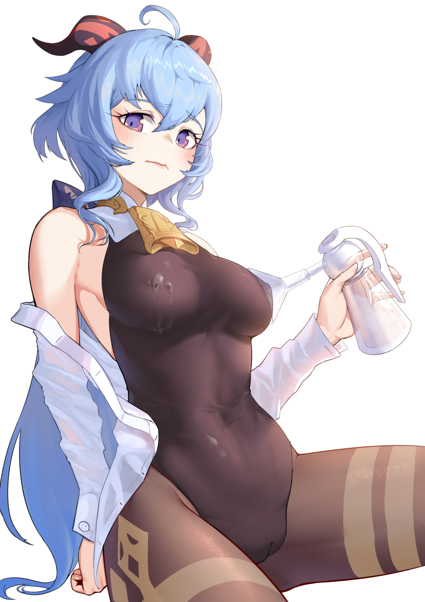 1girl absurdres ahoge bare_shoulders bell black_leotard black_pantyhose blue_hair blush bodystocking bodystocking_only bodysuit breast_pump breasts cameltoe covered_erect_nipples covered_navel dew_(knpn5338) ganyu_(genshin_impact) genshin_impact highres horns lactation lactation_through_clothes leotard leotard_under_clothes long_hair looking_at_viewer medium_breasts milking_machine neck_bell off_shoulder pantyhose purple_eyes shirt sidelocks sitting solo thighs white_background white_shirt