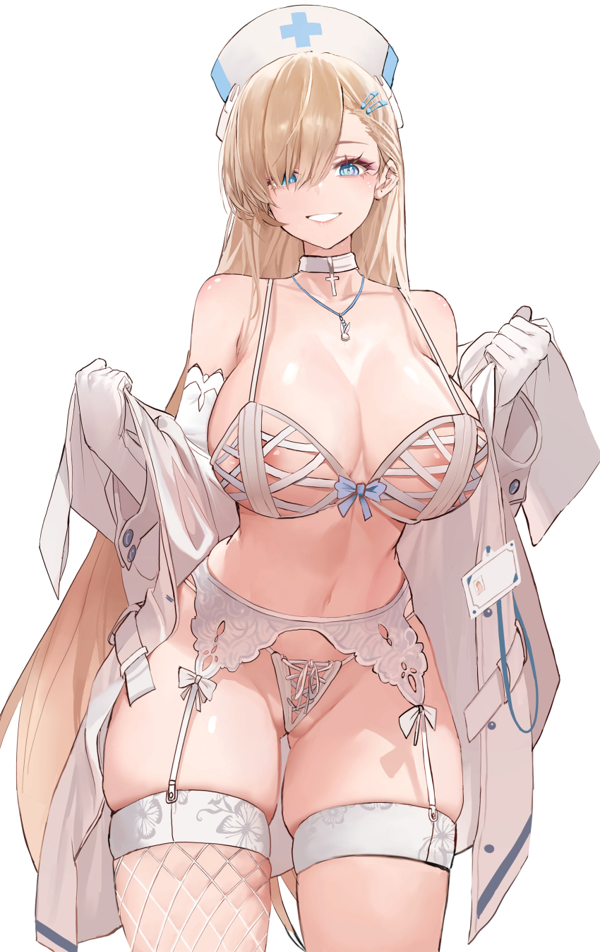 1girl absurdres areola_slip asuna_(blue_archive) bare_shoulders blue_archive blue_eyes blush bra breasts choker cleavage collarbone commentary cross cross-laced_clothes cross_choker dishwasher1910 elbow_gloves fishnet_thighhighs fishnets garter_belt gloves grin hair_over_one_eye hat highres jacket jewelry large_breasts light_brown_hair long_hair long_sleeves looking_at_viewer navel necklace nurse_cap off_shoulder open_clothes open_jacket panties revealing_clothes smile solo thighhighs thighs underwear very_long_hair white_bra white_gloves white_hat white_jacket white_panties