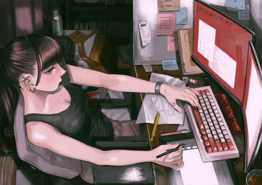 1girl absurdly_detailed_composition absurdres bag blunt_bangs body_writing book bored bottle bracelet breasts brown_eyes brown_hair cellphone chair cleavage computer computer_keyboard desk drawing_tablet ear_piercing earrings eyelashes fake_nails from_above from_side half-closed_eyes highres indoors jewelry loaded_interior looking_ahead mechanical_pencil messenger_bag monitor note notebook office_chair original paper pen pencil phone piercing ponytail profile shelf shoulder_bag sitting smartphone solo swivel_chair talking_on_phone tank_top taped_note thumb_ring turquoise_iro twitter_username