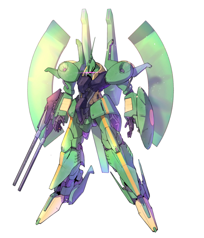 absurdres arm_mounted_weapon beam_cannon cable commentary_request glowing glowing_eye gundam highres lens_flare machinery mecha mobile_suit no_humans one-eyed original palace_athene radio_antenna redesign ringobatake robot science_fiction shield zeta_gundam