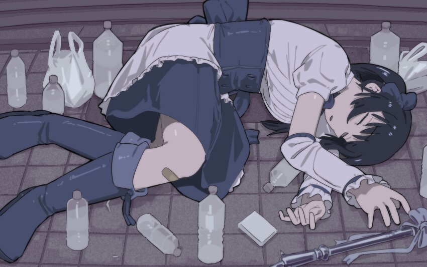 1girl absurdres bag bandaid bandaid_on_knee bandaid_on_leg black_hair blue_boots blue_bow blue_corset blue_skirt boots bottle bow closed_eyes copyright_request corset detached_sleeves dress fubarmoe hair_bow highres lying on_ground on_side parted_lips plastic_bag plastic_bottle puffy_short_sleeves puffy_sleeves shirt short_sleeves side_ponytail sidewalk skirt skirt_under_dress sleeping solo water_bottle white_dress white_shirt