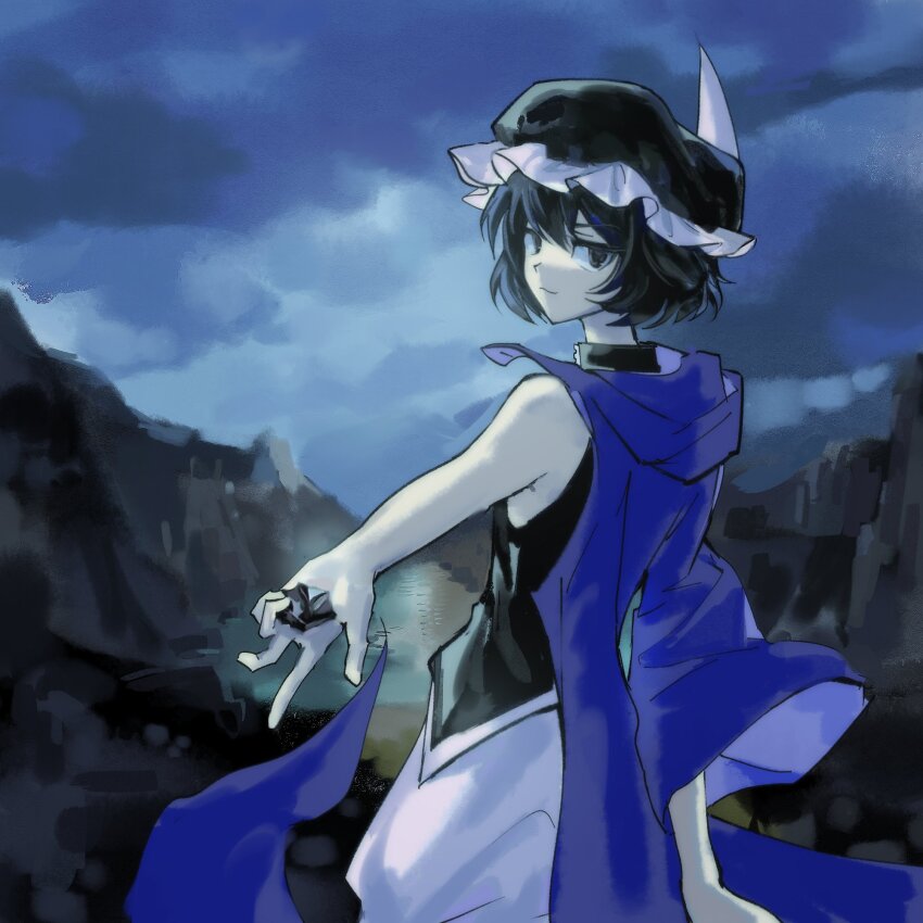 1other :3 androgynous baggy_shorts black_eyes black_hair black_hat black_shirt blue_sky canyon chinese_commentary closed_mouth cloud coattails commentary commentary_request cowboy_shot day english_commentary expressionless frilled_headwear giving hair_between_eyes hat highres hood hood_down hooded_jacket jacket jacket_partially_removed len&#039;en light_smile long_sleeves looking_at_viewer mixed-language_commentary mob_cap other_focus outdoors outstretched_arm pointy_nose purple_jacket shirt shitodo_kuroji short_hair shorts single_bare_arm single_bare_shoulder single_sleeve sky sleeveless sleeveless_shirt solo standing turtleneck turtleneck_shirt white_shorts wide_sleeves yancao_(pixiv_103434280) zipper