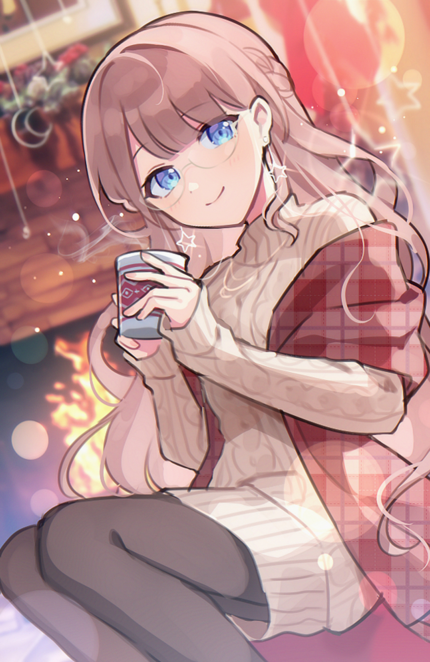 1girl black_pantyhose blue_eyes blunt_bangs blurry blurry_background bokeh braid brown_hair cable_knit closed_mouth coffee_mug commentary_request cup depth_of_field dot_nose dutch_angle earrings feet_out_of_frame fire fireplace glint hair_behind_ear hair_down hands_up happy highres holding holding_cup jewelry legs_together light_blush light_particles long_hair long_sleeves looking_at_viewer mochizuki_honami mug necklace pantyhose picture_frame plaid_clothes plaid_shawl project_sekai red_shawl ribbed_sweater shawl sleeves_past_wrists smile solo star_(symbol) star_earrings steam sweater turtleneck turtleneck_sweater unmoving_pattern waka_(wk4444) winter_clothes