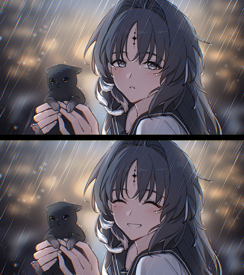 1girl animal black_eyes black_hair cat closed_eyes commentary_request feather_hair hair_intakes highres holding holding_animal holding_cat kohane_kun looking_at_viewer mole mole_under_eye parted_bangs portrait rain smile tacet_mark_(wuthering_waves) wet wuthering_waves yangyang_(wuthering_waves)