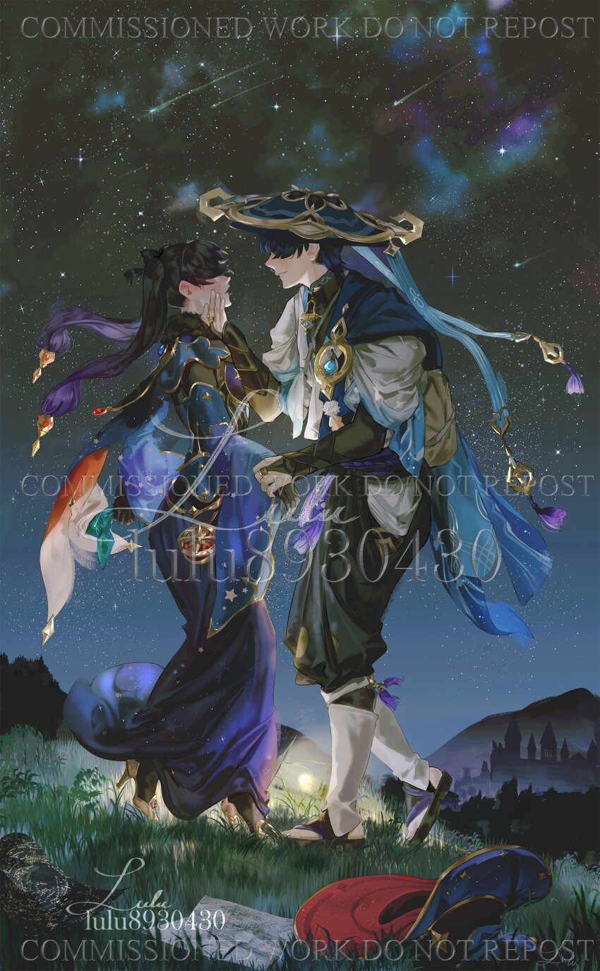 1boy 1girl absurdres adapted_costume andromeda_(constellation) armor arms_at_sides artist_name belt big_dipper black_belt black_bodysuit black_bow black_bridal_gauntlets black_gloves black_hair black_leggings black_pants black_sandals black_shirt blue_cape blue_gemstone blue_hat blue_kimono blue_sleeves blunt_ends bodystocking bodysuit bootes_(constellation) bow bridal_gauntlets brown_bag cape cassiopeia_(constellation) castle colored_tips commission constellation constellation_print couple cygnus_(constellation) detached_sleeves draco_(constellation) elbow_gloves facing_another feathers fingernails fur_collar gem genshin_impact gloves gold gold_ring gold_shoes gold_trim gradient_hair grass hair_bow hair_over_eyes hakama hakama_pants han&#039;eri hand_grab hand_on_another&#039;s_face hat height_difference hercules_(constellation) hetero high_heels highres hip_vent holding holding_paper japanese_armor japanese_clothes jingasa kimono kote kurokote layered_kimono layered_sleeves leg_warmers leggings leo_(constellation) lluluchwan long_hair long_skirt loose_pants mandarin_collar middle_ring mona_(genshin_impact) mountainous_horizon multicolored_hair nebula night night_sky open_mouth pants paper parted_lips pleated_pants pom_pom_(clothes) ponytail_holder purple_hair purple_rope purple_sash red_cape red_gemstone red_hat rope sandals sash scaramouche_(genshin_impact) shirt shoes shooting_star short_sleeves skirt sky sleeves_rolled_up smirk star_(sky) star_(symbol) star_chart star_map star_print starry_sky stirrup_legwear tassel toeless_legwear toes twintails two-sided_cape two-sided_fabric two-sided_headwear unworn_hat unworn_headwear ursa_major_(constellation) ursa_minor_(constellation) vision_(genshin_impact) wanderer_(genshin_impact) watermark white_kimono white_leg_warmers white_sleeves wide_sleeves witch_hat yellow_feathers zouri