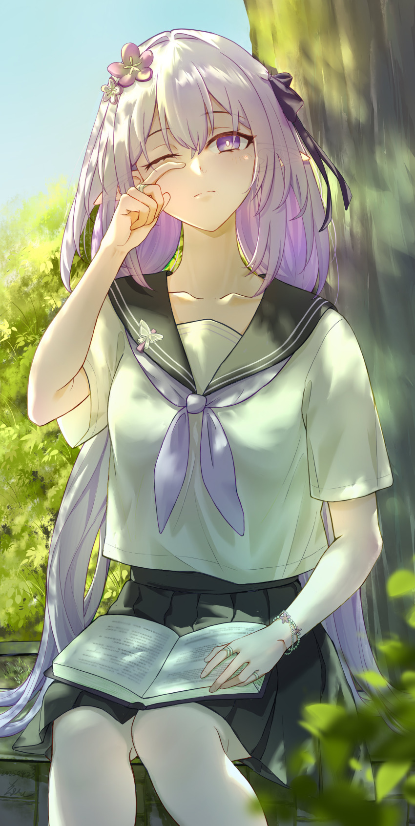 1girl absurdres alternate_costume black_sailor_collar black_skirt blue_sky book book_on_lap bracelet breasts butterfly_ornament castorice_(honkai:_star_rail) closed_mouth collarbone commentary_request contemporary dappled_sunlight dated flower hair_flower hair_intakes hair_ornament hair_ribbon hand_up highres honkai:_star_rail honkai_(series) huahong_(user_asrp7337) jewelry light_frown long_hair looking_at_viewer low_twintails medium_breasts multiple_rings neckerchief one_eye_closed open_book outdoors pantyhose pleated_skirt pointy_ears purple_neckerchief ribbon ring rubbing_eyes sailor_collar school_uniform serafuku shirt short_sleeves signature sitting skirt sky solo sunlight tree twintails untucked_shirt very_long_hair white_pantyhose white_shirt