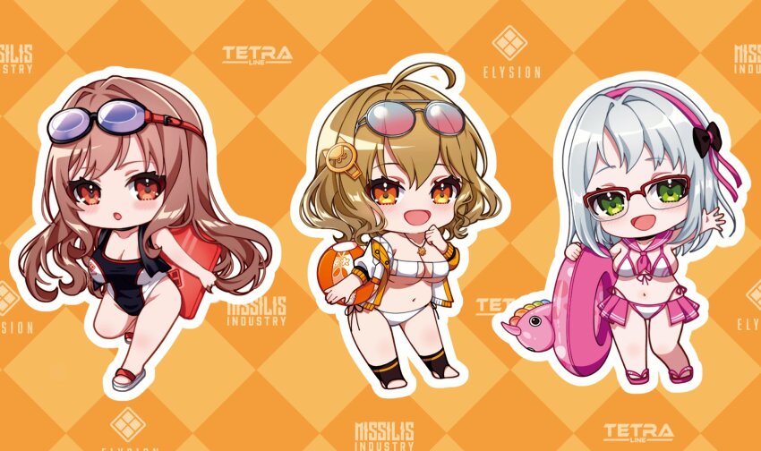 3girls ahoge anis_(nikke) anis_(sparkling_summer)_(nikke) bare_shoulders bikini bikini_skirt black_choker black_one-piece_swimsuit blonde_hair breasts chibi choker cleavage eyepatch_bikini eyewear_on_head front-tie_bikini_top front-tie_top glasses goddess_of_victory:_nikke goggles goggles_on_head green_eyes highres innertube jacket jewelry large_breasts long_hair multiple_girls necklace neon_(blue_ocean)_(nikke) neon_(nikke) off-shoulder_jacket off_shoulder official_alternate_costume one-piece_swimsuit orange_eyes orange_jacket pink-tinted_eyewear pink_sailor_collar rapi_(classic_vacation)_(nikke) rapi_(nikke) red-framed_eyewear red_eyes sailor_collar short_hair side-tie_bikini_bottom string_bikini sunglasses swim_ring swimsuit tinted_eyewear two-tone_swimsuit white_bikini white_hair white_one-piece_swimsuit yazuki_(n_y_0714)