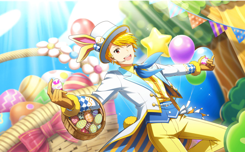 1boy animal_ears balloon basket blonde_hair buttons easter_egg egg elbow_carry fake_animal_ears gloves hat headset highres holding holding_basket idolmaster idolmaster_side-m idolmaster_side-m_live_on_stage! long_sleeves maita_rui male_focus official_art one_eye_closed open_mouth pants rabbit_ears smile teeth top_hat upper_teeth_only yellow_pants