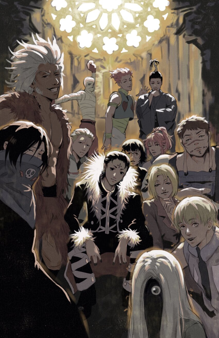 amandasmurfee bandages black-framed_eyewear black_eyes blonde_hair bonolenov_ndongo boxing_gloves brown_hair character_request chrollo_lucilfer closed_mouth feitan_portor formal_clothes franklin_bordeau fur_trim highres hisoka_morow hunter_x_hunter kurapika long_earlobes long_hair long_sleeves looking_at_viewer male_focus multiple_boys muscular muscular_male nobunaga_hazama parted_lips pink_hair ponytail scar short_hair sleeveless smile stitched_face stitches suit topknot uvogin white_hair wide_sleeves