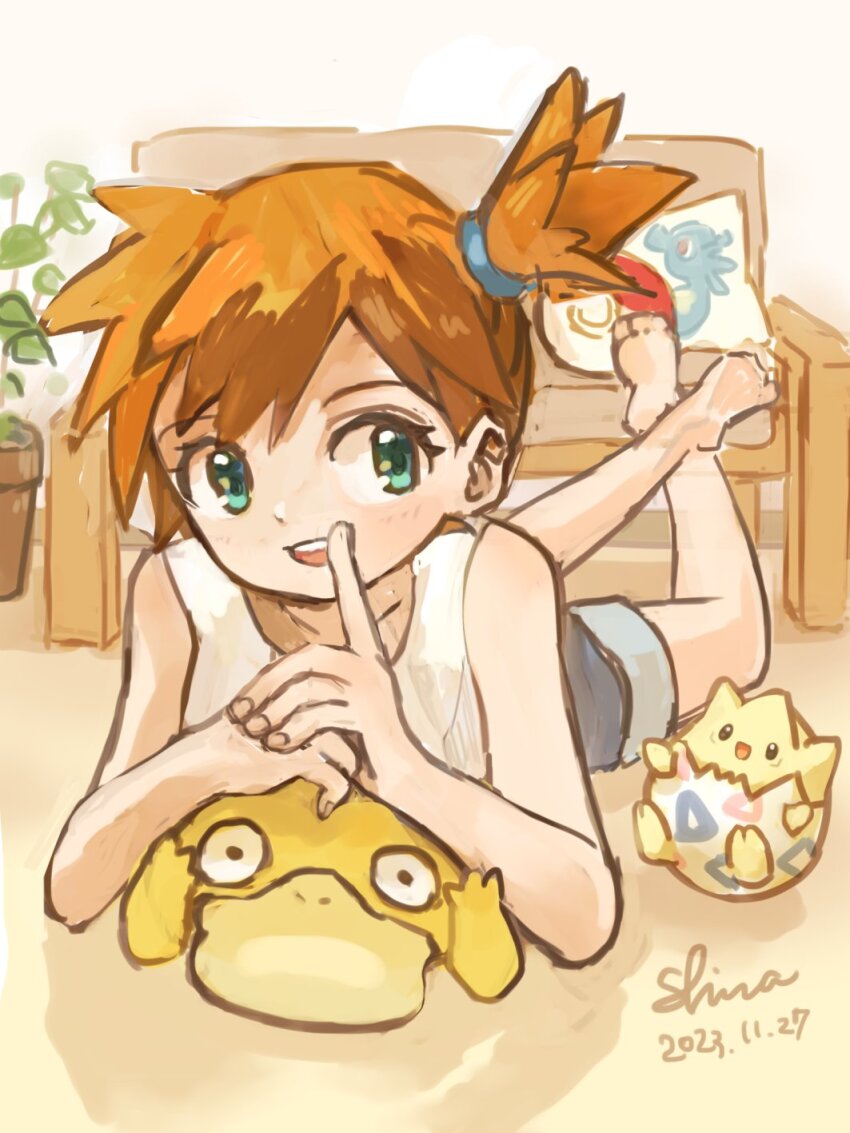 1girl 2023 20s asymmetrical_hair bare_arms bare_shoulders blush breasts dated denim denim_shorts female_focus gen_1_pokemon gen_2_pokemon green_eyes gym_leader hair_tie highres horsea index_finger_raised looking_at_viewer medium_breasts misty_(pokemon) nintendo november orange_hair pokemon pokemon_lgpe ponytail psyduck shina_627 shirt short_hair short_shorts shorts side_ponytail togepi white_shirt