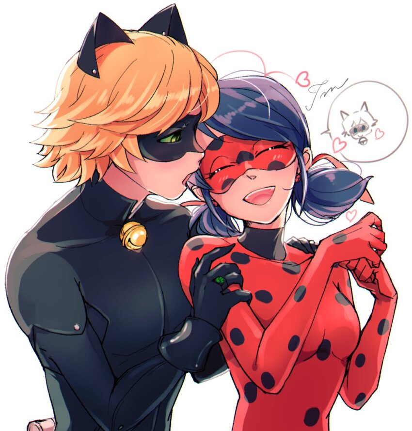 1boy 1girl adrien_agreste animal_ears bell black_bodysuit black_mask blonde_hair blue_hair bodysuit cat_boy cat_ears chat_noir closed_eyes green_eyes happy heart jingle_bell ladybug_(character) marinette_dupain-cheng mask mask_on_head miraculous_ladybug open_mouth polka_dot red_bodysuit red_mask short_twintails simple_background smile superhero_costume tomm0515 twintails upper_body white_background