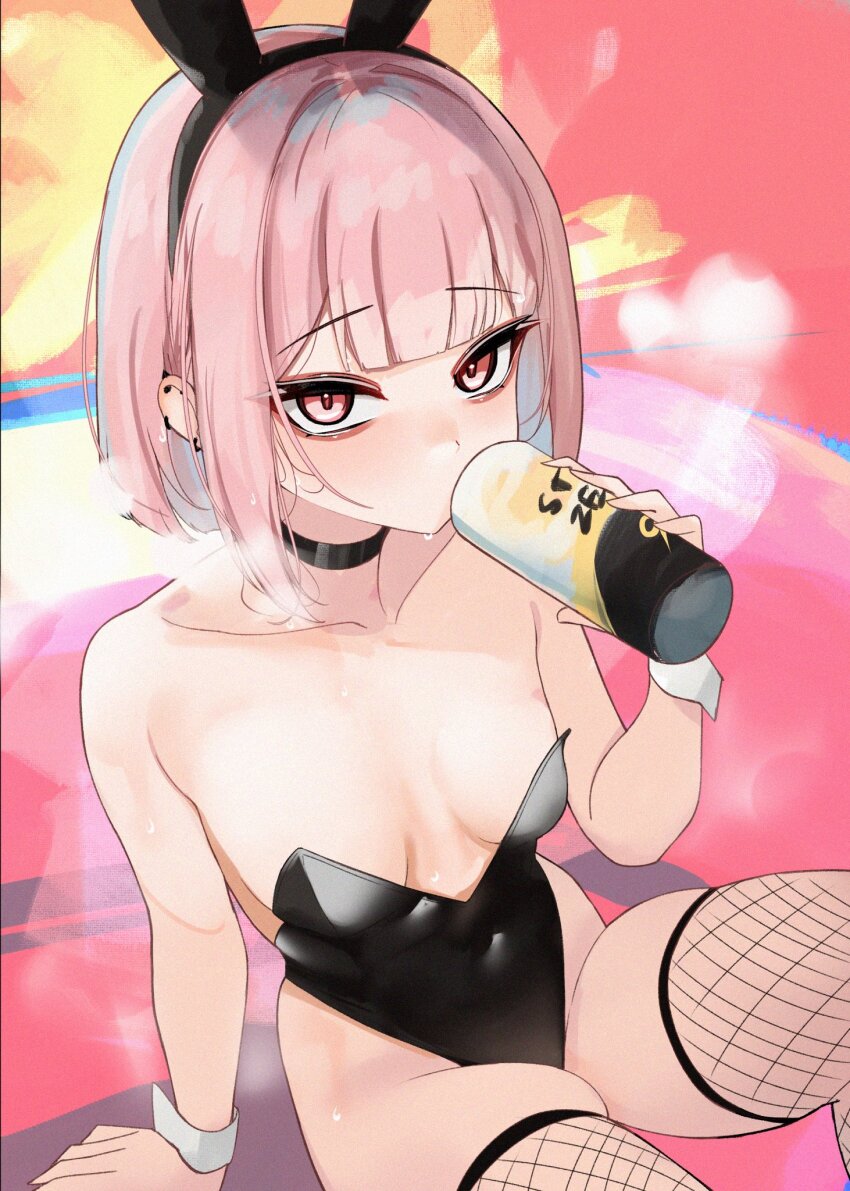 1girl animal_ears bare_shoulders black_choker black_leotard blunt_bangs bob_cut breasts choker cleavage collarbone commentary_request covered_navel fake_animal_ears fishnet_pantyhose fishnets from_above highres leotard looking_at_viewer multicolored_eyes orange_eyes original pantyhose pastel_colors playboy_bunny rifufu short_hair sitting small_breasts solo steam thighs yellow_eyes