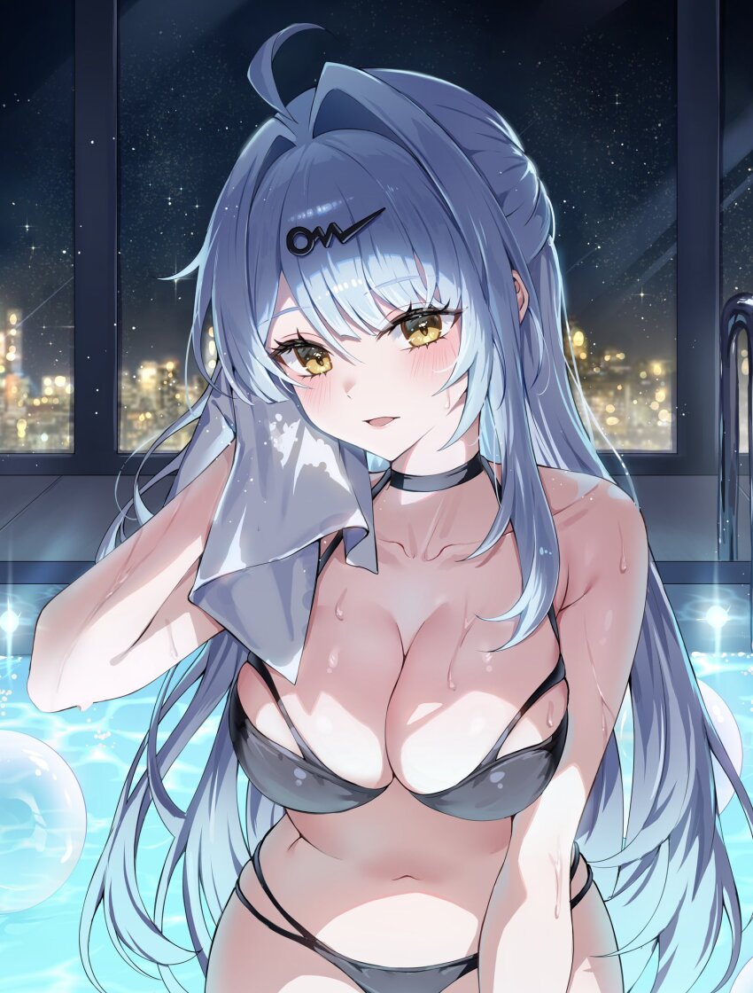 1girl ahoge alternate_costume bare_shoulders bikini black_bikini black_choker blue_hair blush breasts choker closed_mouth collarbone commentary hair_between_eyes highres holding holding_towel ien_(to_yen) indoors large_breasts long_hair looking_at_viewer navel night parted_lips pool solo stomach swimsuit towel very_long_hair wet yellow_eyes yixuan_(zenless_zone_zero) zenless_zone_zero