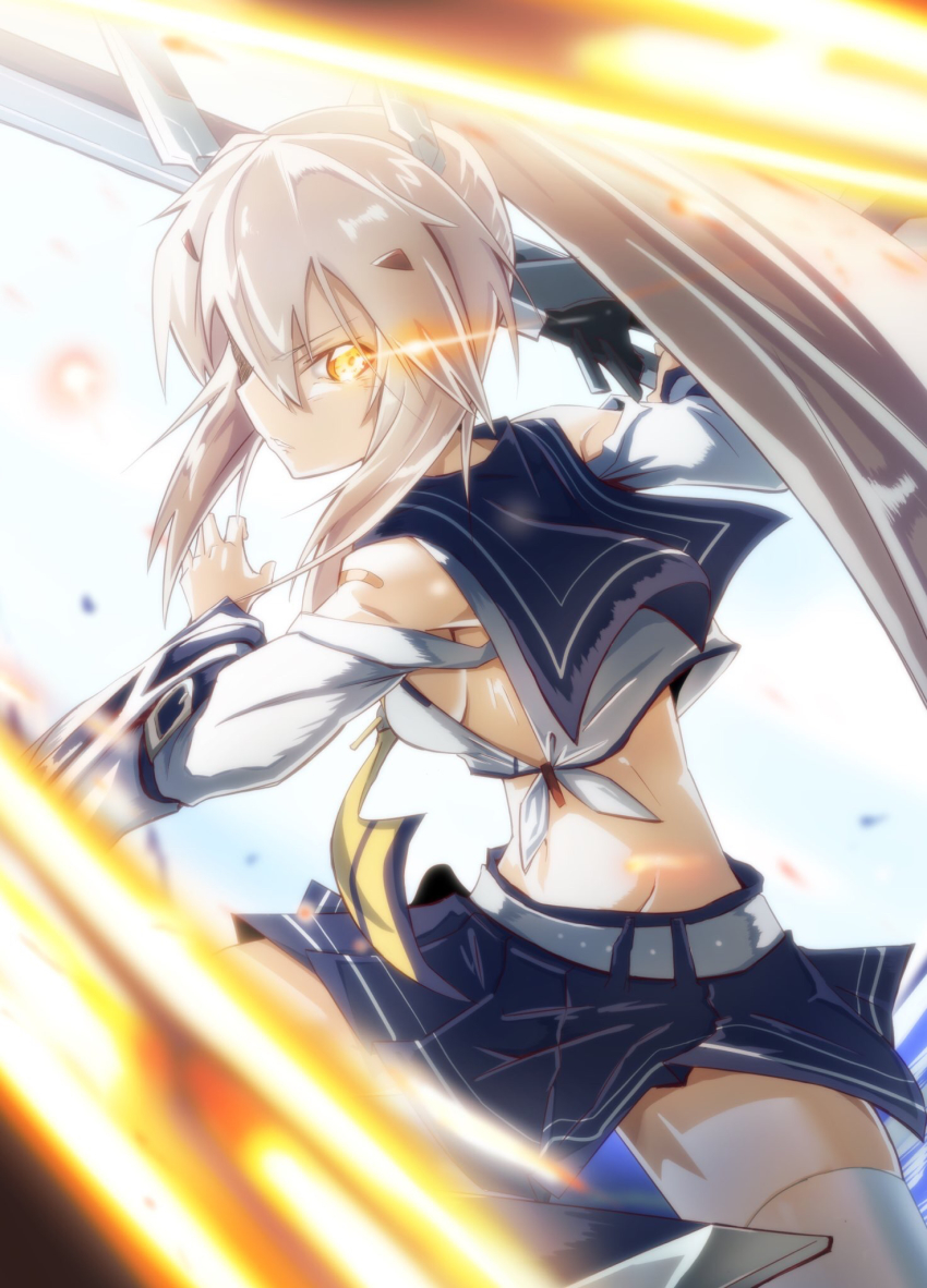 1girl ayanami_(azur_lane) ayanami_(retrofit)_(azur_lane) azur_lane bandaid bare_shoulders belt blue_sailor_collar blue_skirt blurry blurry_foreground breasts commentary_request crop_top day detached_sleeves female_focus fighting_stance glowing glowing_eye hair_between_eyes hair_ornament hairclip hands_up headgear high_ponytail highres holding holding_sword holding_weapon light_brown_hair long_hair long_sleeves looking_at_viewer midriff miniskirt navel no_bra outdoors pleated_skirt ponytail remodel_(azur_lane) sailor_collar school_uniform serafuku serious shirt sidelocks skirt slashing sleeveless sleeveless_shirt small_breasts solo sword tenteru thighhighs v-shaped_eyebrows water weapon white_shirt white_thighhighs wide_sleeves yellow_eyes yellow_neckwear